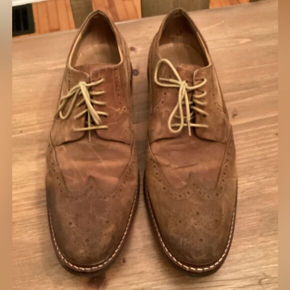 COLE HAAN MENS 10.5 M COGNAC BROWN SUEDE WINGTIP DRESS OXFORD LACE UP SHOE - Picture 1 of 9